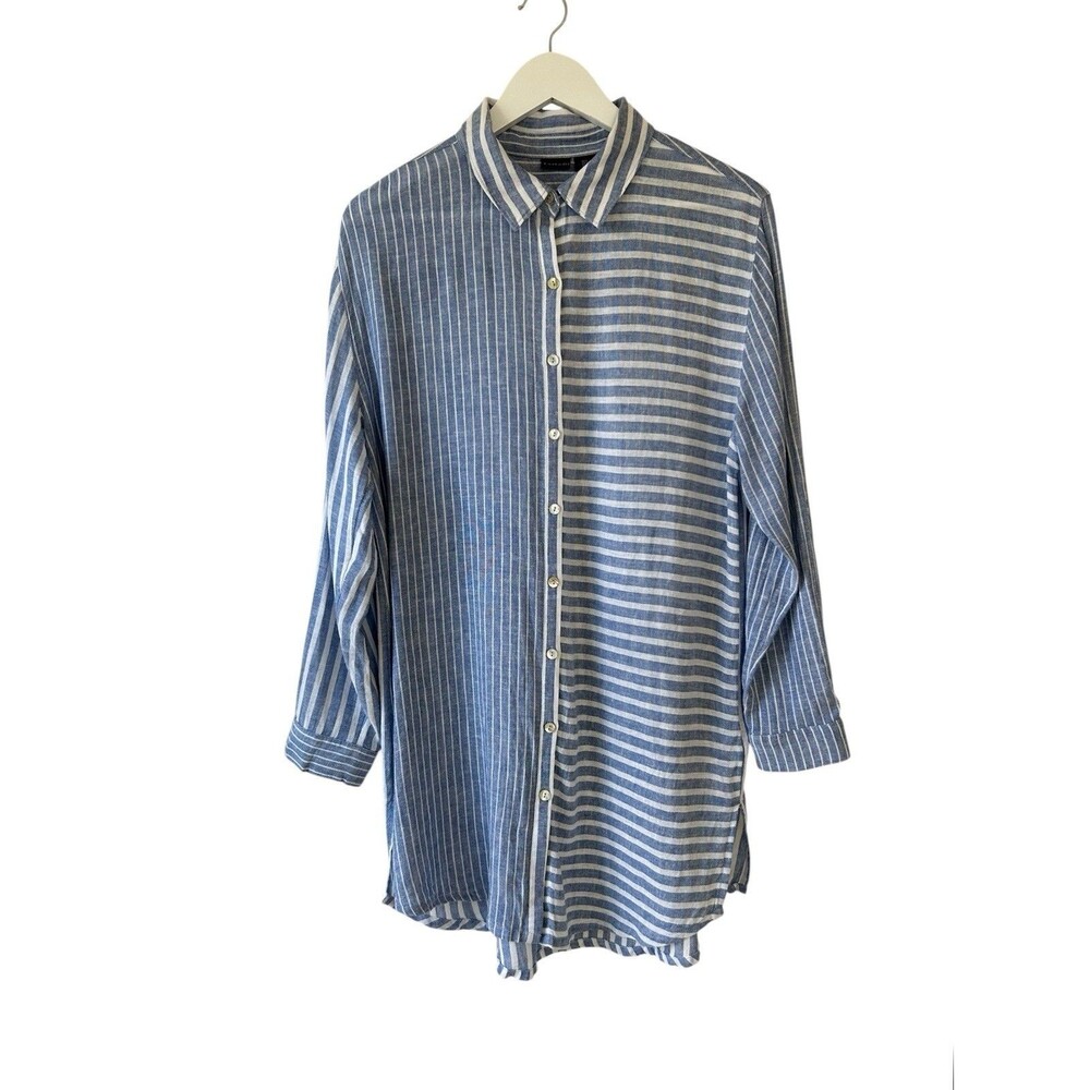 Tahari Blue White Striped Mixed Pattern Shirt Dress Linen Blend Button Up Size L